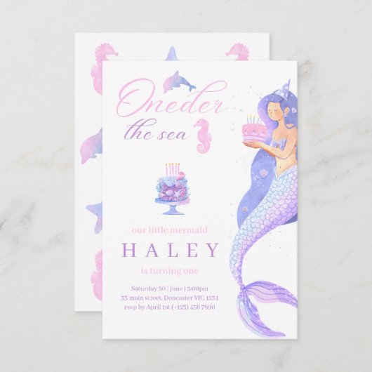 マーメイドオガーリーネダーザシー第1ベビー誕生日 招待状 (正面/裏面)