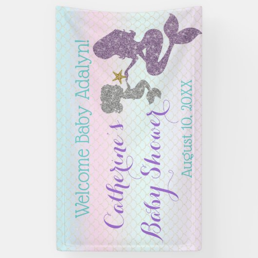 マーメイドカスタマイズベイビーシャワーパープルティール（緑がかった色）背景 横断幕 (縦)