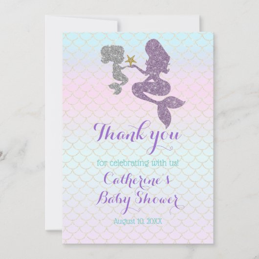 マーメイドカスタマイズベビーシャワースパープルパープルティール（緑がかった色） サンキューカード (正面)