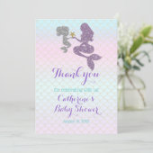 マーメイドカスタマイズベビーシャワースパープルパープルティール（緑がかった色） サンキューカード (スタンド正面)