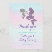 マーメイドカスタマイズベビーシャワースパープルパープルティール（緑がかった色） サンキューカード (正面/裏面)