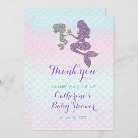 マーメイドカスタマイズベビーシャワースパープルパープルティール（緑がかった色） サンキューカード (正面/裏面)