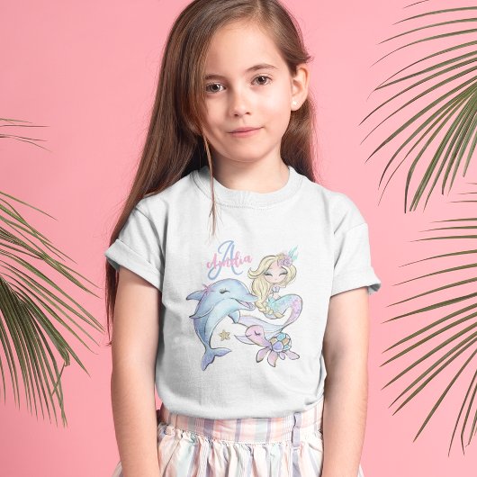 マーメイドカスタムの子供の名前ピンクの女の子Tシャツ Tシャツ