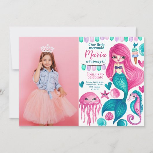 マーメイドカスタムフォト誕生日招待状 招待状 (正面)
