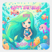 マーメイドカラフルをテーマにしたハッピーバースデーパーティー スクエアシール (正面)