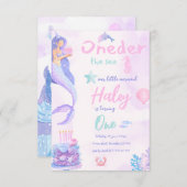 マーメイドガーリーピンクとパープル第1ベビー誕生日 招待状 (正面/裏面)