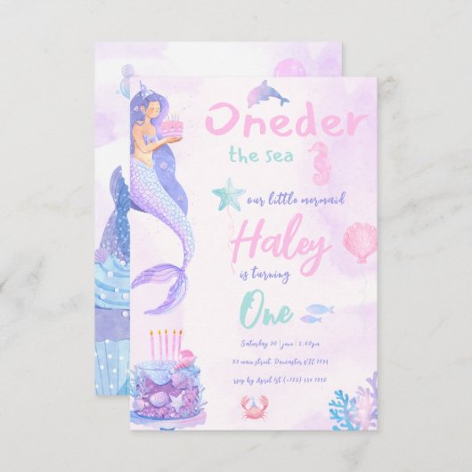 マーメイドガーリーピンクとパープル第1ベビー誕生日 招待状 (正面/裏面)