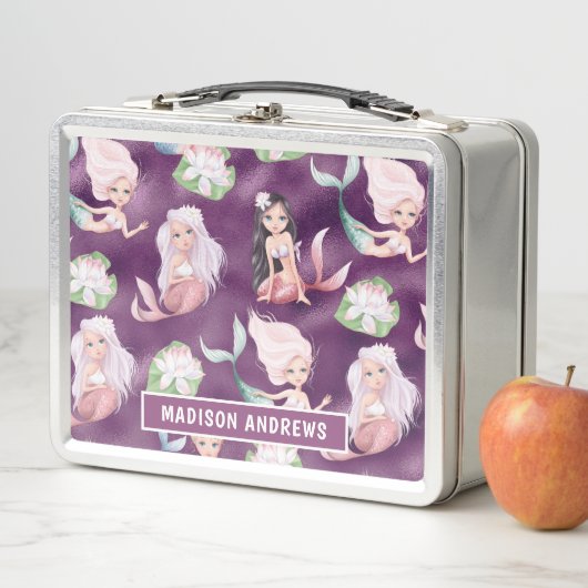 マーメイドガーリーメタリックパープルパーソナライズされたの名前 メタルランチボックス (インサイチュ)