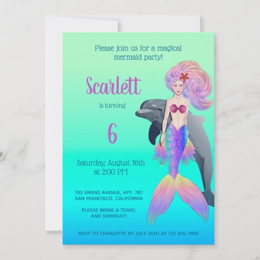 マーメイドガーリーレインボーフェアユタレ誕生日写真  招待状 (正面)