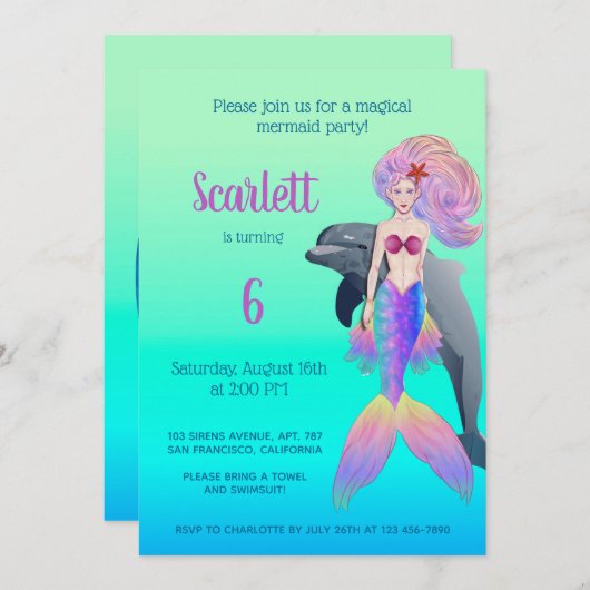 マーメイドガーリーレインボーフェアユタレ誕生日写真  招待状 (正面/裏面)