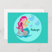 マーメイドガールかわいいカスタムティール(緑がかった色)モノグラムキッズ ポストカード (正面/裏面)