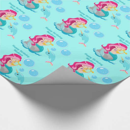マーメイドガールかわいらし水中ビーチ誕生日 ラッピングペーパー (角)