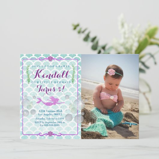 マーメイドガールの誕生日パーティフォト招待状 招待状 (スタンド正面)