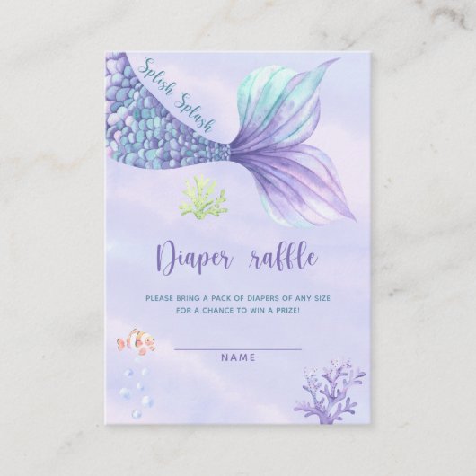 マーメイドガールの赤ちゃんシャワーチケットおむつラッフル エンクロージャーカード (正面)