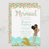 マーメイドガールアフリカンアメリカンガールピーチミント金ゴールド 招待状 (正面/裏面)