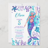 マーメイドガールウォーター色ビーチ誕生日パーティー 招待状 (正面)