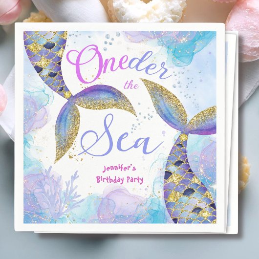 マーメイドガールズブルーティール（緑がかった色）バースデーパーティナプキンス スタンダードカクテルナプキン