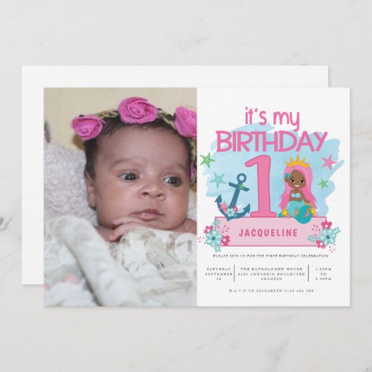 マーメイドガールズ1st誕生日パーティー写真招待状 招待状 (正面/裏面)