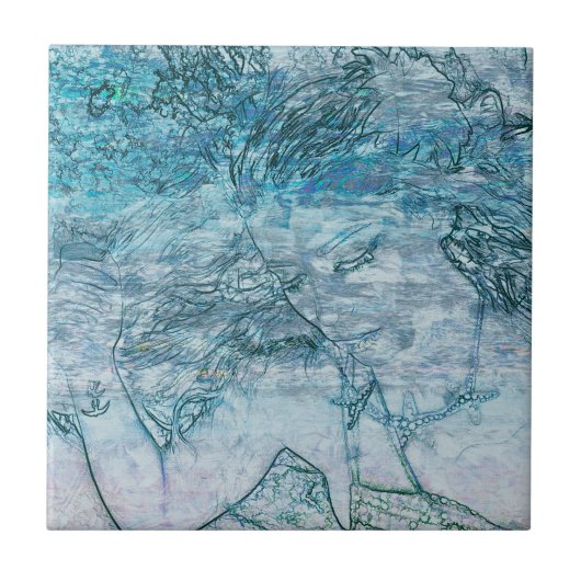 マーメイドガールティール(緑がかった色)グリーンブルー航海の海波 タイル (正面)