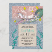 マーメイドガールベビーシャワーバラ金ゴールドブルーグリッター 招待状 (正面/裏面)
