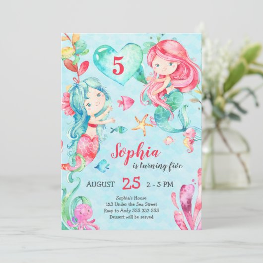 マーメイドガール誕生日アンダーザシーキュートティール（緑がかった色）ピンク 招待状 (スタンド正面)