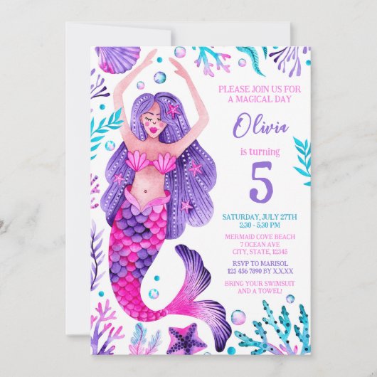 マーメイドガール誕生日ピンク&パープルパーティー 招待状 (正面)