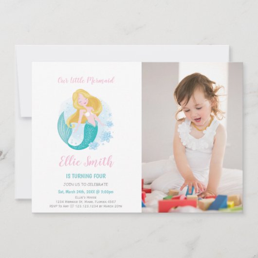 マーメイドガール誕生日招待状と写真 招待状 (正面)