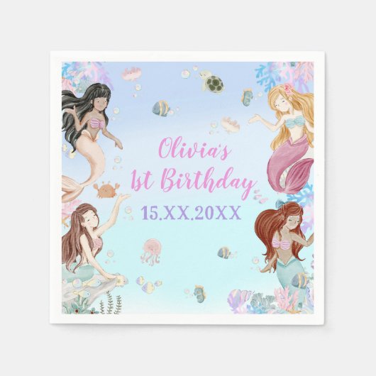 マーメイドガール1st誕生日パーティー スタンダードカクテルナプキン (正面)