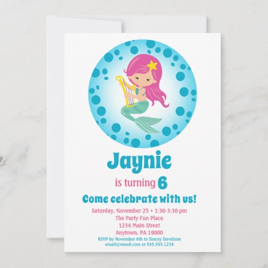 マーメイドガール – ピンクヘアバースデーパーティー 招待状 (正面)