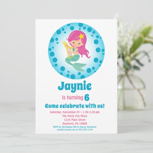 マーメイドガール – ピンクヘアバースデーパーティー 招待状 (スタンド正面)