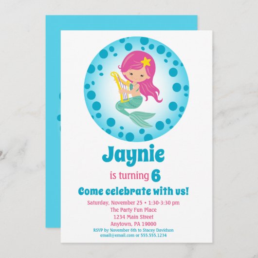 マーメイドガール – ピンクヘアバースデーパーティー 招待状 (正面/裏面)