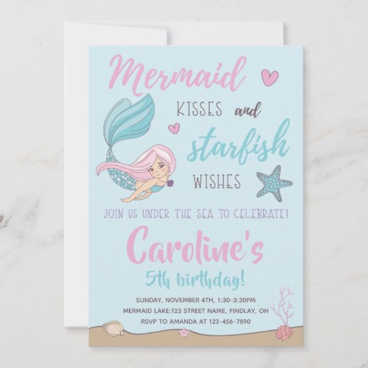 マーメイドキススターフィッシュは任意の年齢の誕生日を願う 招待状 (正面)