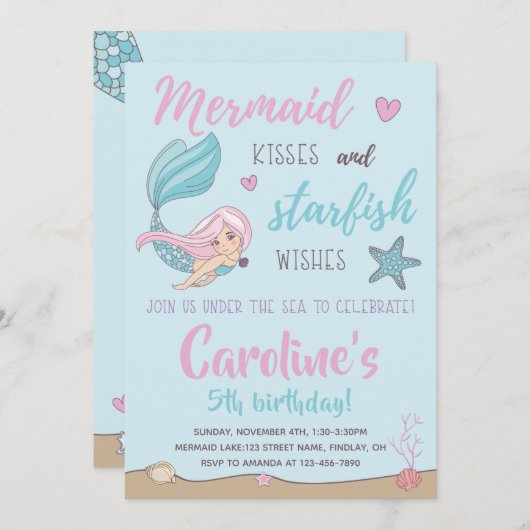 マーメイドキススターフィッシュは任意の年齢の誕生日を願う 招待状 (正面/裏面)