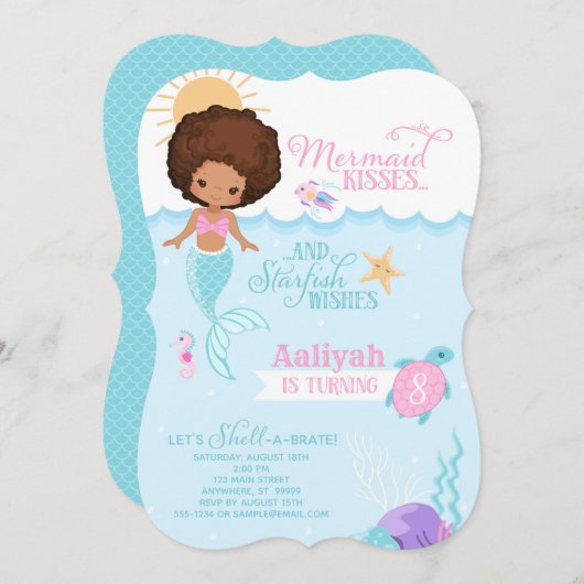 マーメイドキススターフィッシュウィッシュ誕生日招待状 招待状 (正面/裏面)
