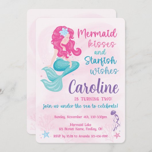 マーメイドキススターフィッシュ願い誕生日、年齢 招待状 (正面/裏面)