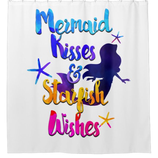マーメイドキス&スターフィッシュの願い水色ビーチイ シャワーカーテン (正面)