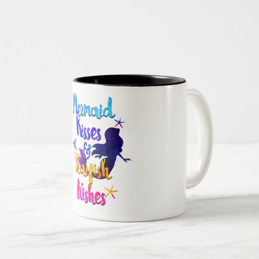 マーメイドキス&スターフィッシュの願い水色ビーチイ ツートーンマグカップ (正面右)