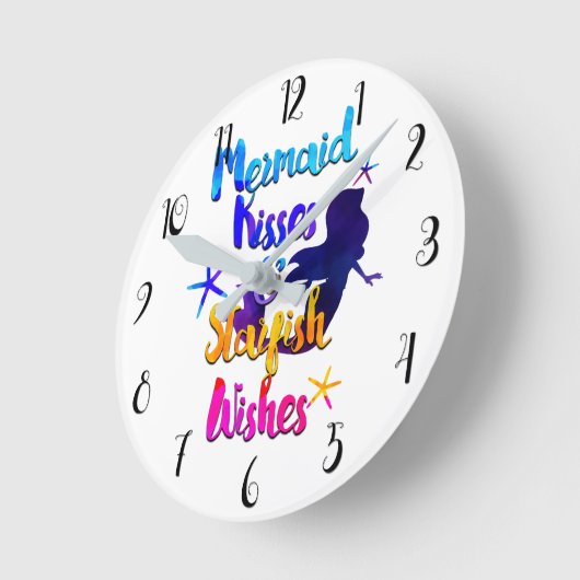 マーメイドキス&スターフィッシュの願い水色ビーチイ ラウンド壁時計 (傾斜)