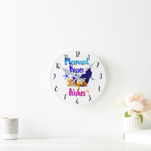 マーメイドキス&スターフィッシュの願い水色ビーチイ ラウンド壁時計 (ホーム)