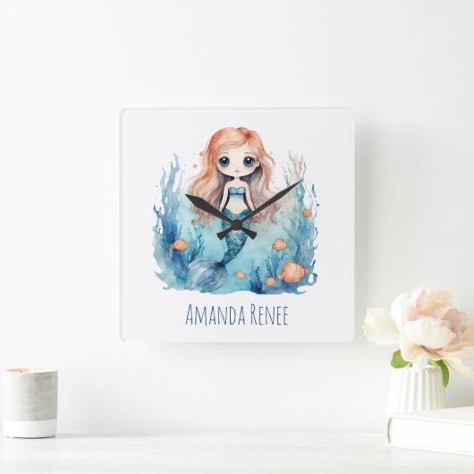 マーメイドキッズベビー子供部屋時計 スクエア壁時計 (ホーム)