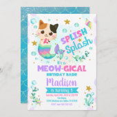 マーメイドキャット誕生日招待状キッテンプールパーティー 招待状 (正面/裏面)