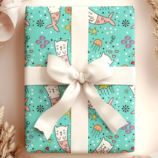マーメイドキャッ航海のト海クラゲかわいいパターン ラッピングペーパー