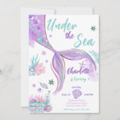 マーメイドキュートアンダーザシーグリッター誕生日 招待状 (正面)