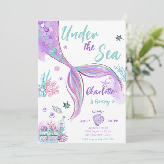マーメイドキュートアンダーザシーグリッター誕生日 招待状 (スタンド正面)
