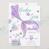 マーメイドキュートアンダーザシーグリッター誕生日 招待状 (正面/裏面)