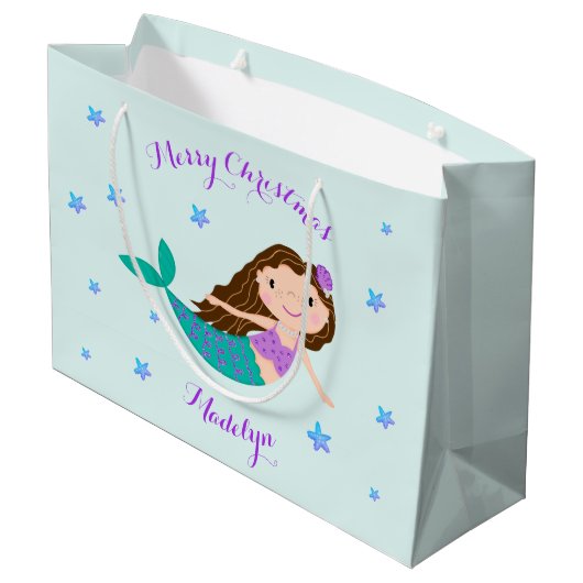 マーメイドクリスマスパープルグリッター パーソナライズされた ラージペーパーバッグ (裏面アングル)