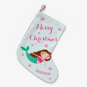 マーメイドクリスマスピンクティール(緑がかった色) パーソナライズされた スモールクリスマスストッキング (正面 (吊り時))