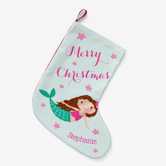 マーメイドクリスマスピンクティール(緑がかった色) パーソナライズされた スモールクリスマスストッキング (正面 (吊り時))