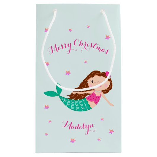 マーメイドクリスマスピンクティール（緑がかった色） パーソナライズされた スモールペーパーバッグ (裏面)