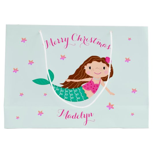 マーメイドクリスマスピンクティール（緑がかった色） パーソナライズされた ラージペーパーバッグ (裏面)